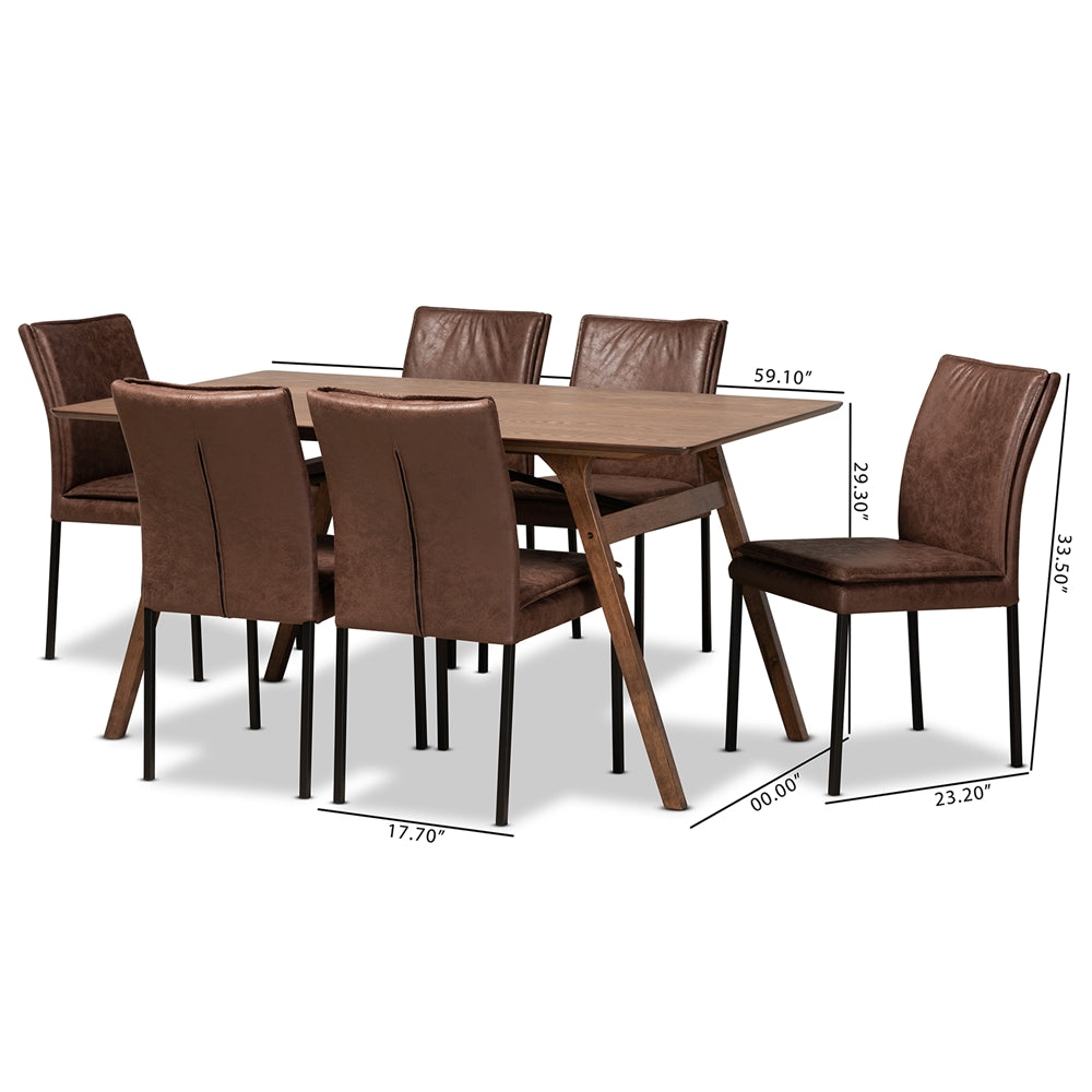 Baxton Studio Gerard Modern And Contemporary Distressed Brown Fabric Upholstered And Black Finished Metal With Walnut Brown Finished Wood 7-Piece Dining Set