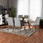 Load image into Gallery viewer, Baxton Studio Tara Mid-Century Modern Light Grey Fabric Upholstered And Walnut Brown Finished Wood 7-Piece Dining Set
