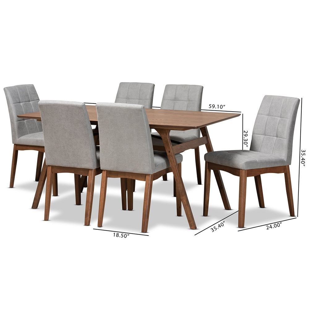 Baxton Studio Tara Mid-Century Modern Light Grey Fabric Upholstered And Walnut Brown Finished Wood 7-Piece Dining Set