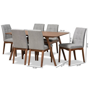 Baxton Studio Tara Mid-Century Modern Light Grey Fabric Upholstered And Walnut Brown Finished Wood 7-Piece Dining Set