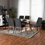 Load image into Gallery viewer, Baxton Studio Tara Mid-Century Modern Dark Grey Fabric Upholstered And Walnut Brown Finished Wood 7-Piece Dining Set
