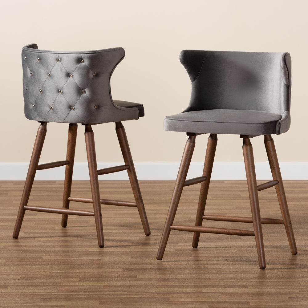 Baxton Studio Sagira Modern And Contemporary Transitional Grey Velvet Fabric Upholstered And Walnut Brown Finished Wood 2-Piece Counter Stool Set