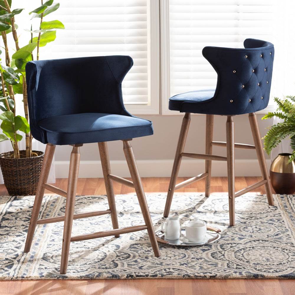 Baxton Studio Sagira Modern And Contemporary Transitional Navy Blue Velvet Fabric Upholstered And Walnut Brown Finished Wood 2-Piece Counter Stool Set