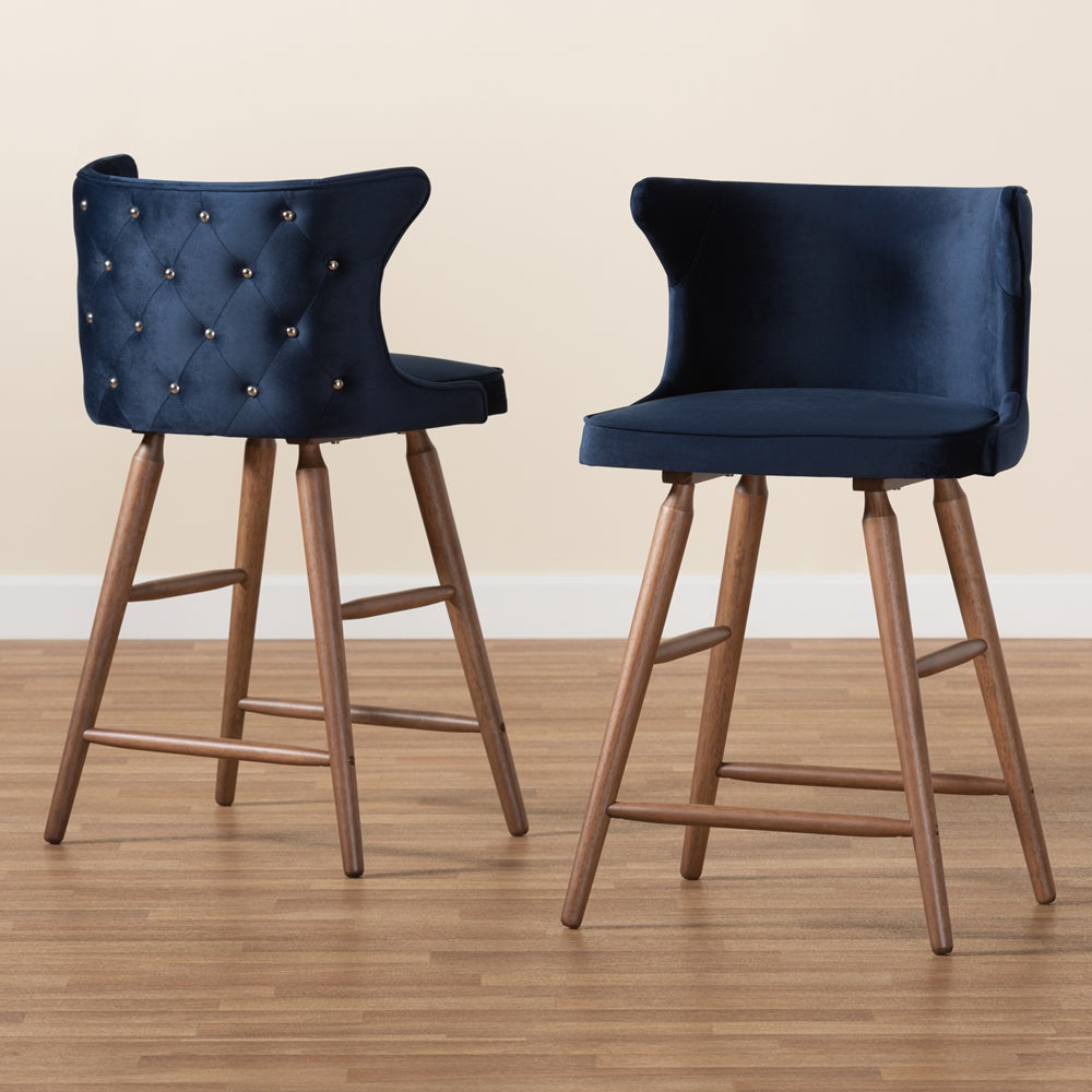 Baxton Studio Sagira Modern And Contemporary Transitional Navy Blue Velvet Fabric Upholstered And Walnut Brown Finished Wood 2-Piece Counter Stool Set