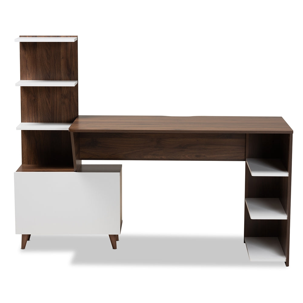 Baxton Studio Tobias Mid-Century Modern Two-Tone White And Walnut Brown Finished Wood Storage Computer Desk With Shelves