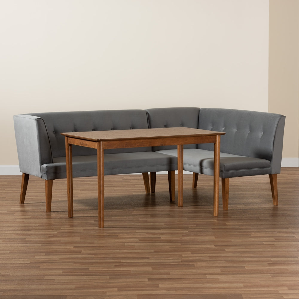 Baxton Studio Stewart Mid-Century Modern Grey Velvet Upholstered And Walnut Brown Finished Wood 3-Piece Dining Nook Set