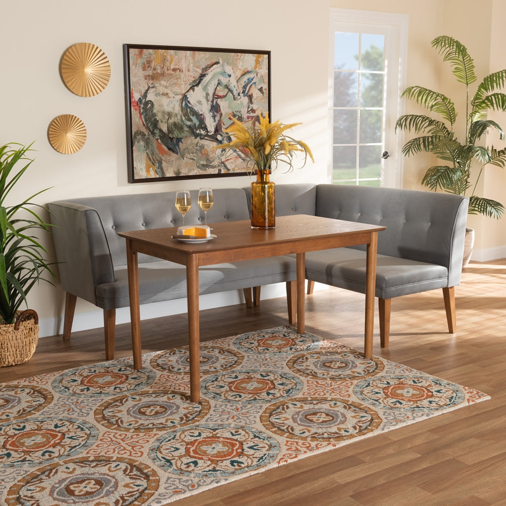 Baxton Studio Stewart Mid-Century Modern Grey Velvet Upholstered And Walnut Brown Finished Wood 3-Piece Dining Nook Set