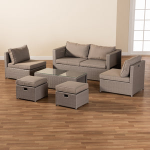 Baxton Studio Haina Modern And Contemporary Grey Fabric Upholstered And Grey Finished Synthetic Rattan 6-Piece Patio Set