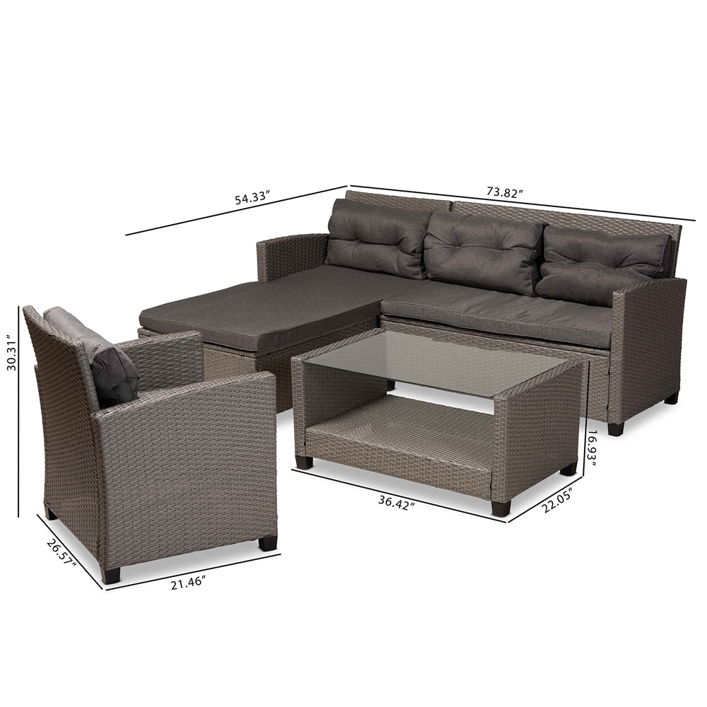 Baxton Studio Darian Modern And Contemporary Grey Fabric Upholstered And Grey Synthetic Rattan 4-Piece Patio Set