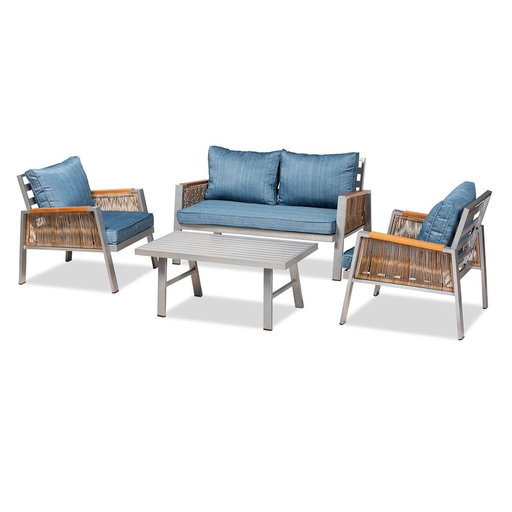 Baxton Studio Nicholson Modern and Contemporary Fabric Upholstered and Grey Metal with Brown Rattan 4-Piece Outdoor Patio Lounge Set