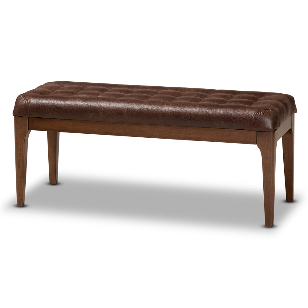 Baxton Studio Walsh Mid-Century Modern Dark Brown Leather-Effect Polyester Fabric Upholstered And Walnut Brown Finished Wood Dining Bench