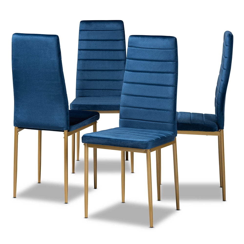 Baxton Studio Armand Modern Glam And Luxe Navy Blue Velvet Fabric Upholstered And Gold Finished Metal 4-Piece Dining Chair Set