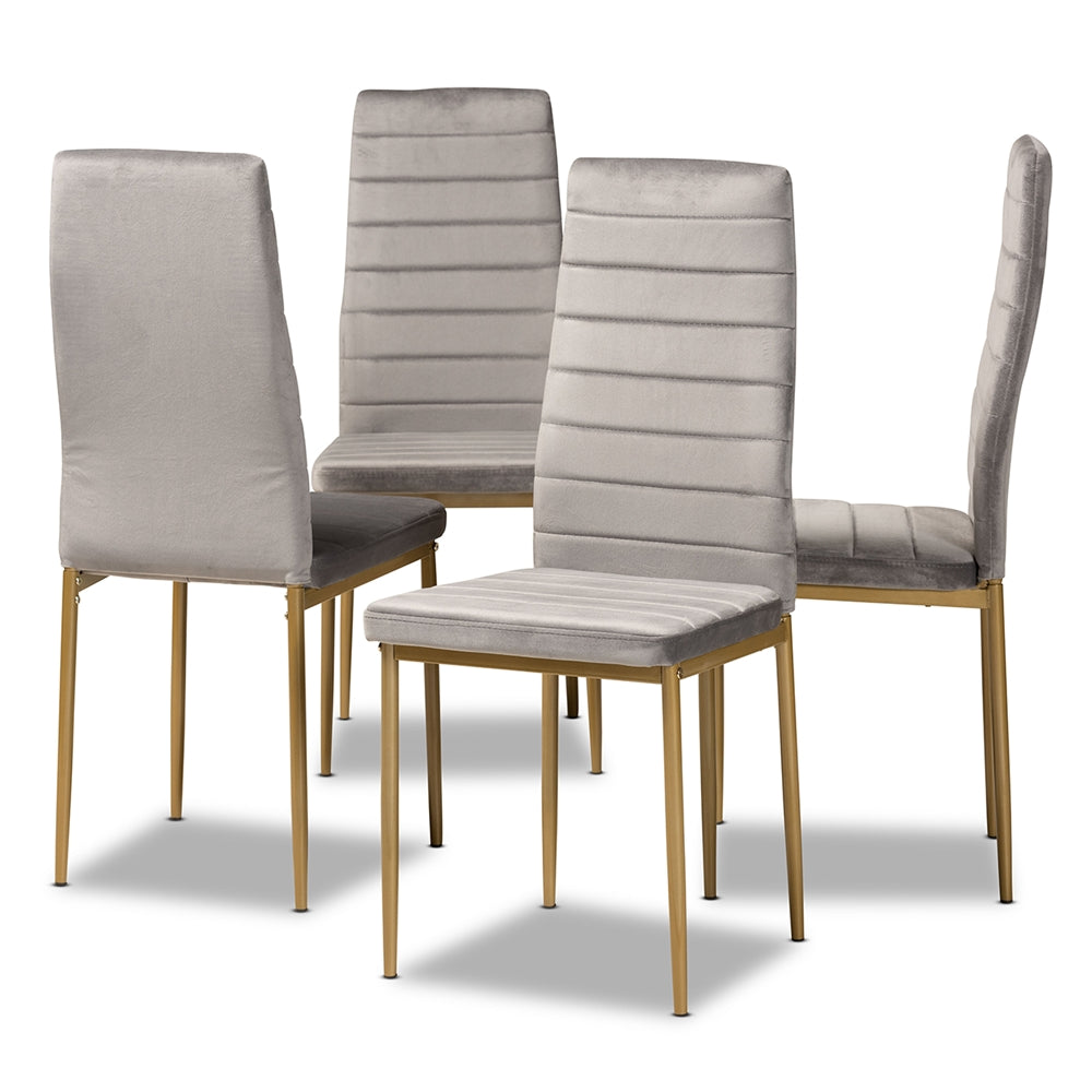 Baxton Studio Armand Modern Glam And Luxe Grey Velvet Fabric Upholstered And Gold Finished Metal 4-Piece Dining Chair Set