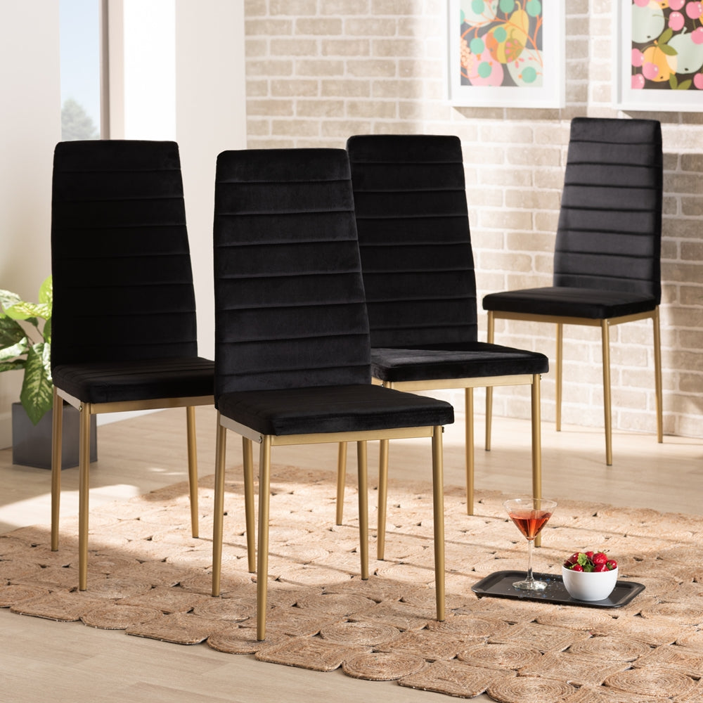 Baxton Studio Armand Modern Glam And Luxe Black Velvet Fabric Upholstered And Gold Finished Metal 4-Piece Dining Chair Set