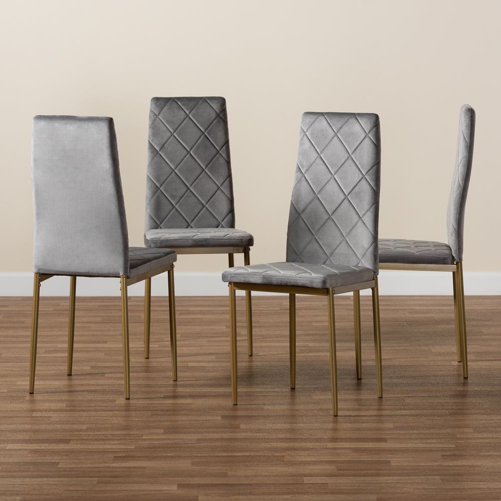 Baxton Studio Blaise Modern Luxe And Glam Grey Velvet Fabric Upholstered And Gold Finished Metal 4-Piece Dining Chair Set