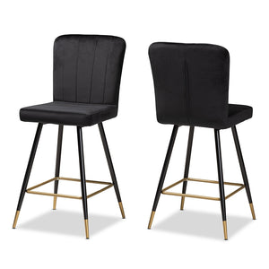 Baxton Studio Preston Modern Luxe And Glam Black Velvet Fabric Upholstered And Two-Tone Black And Gold Finished Metal 2-Piece Bar Stool Set