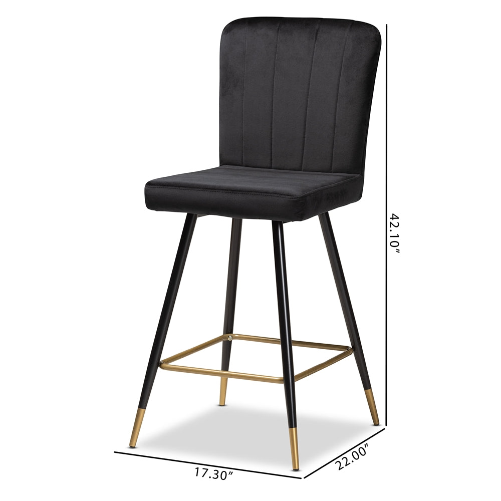 Baxton Studio Preston Modern Luxe And Glam Black Velvet Fabric Upholstered And Two-Tone Black And Gold Finished Metal 2-Piece Bar Stool Set