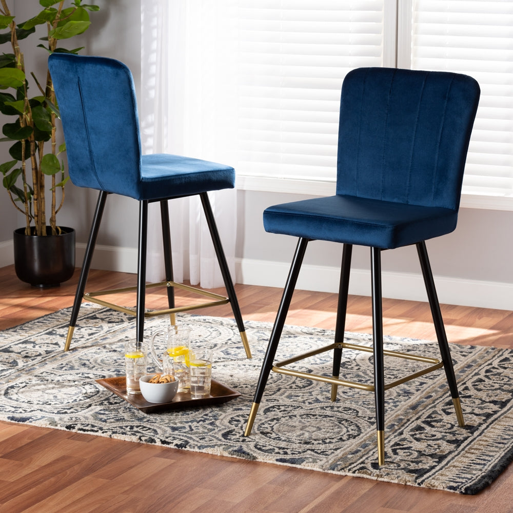 Baxton Studio Preston Modern Luxe And Glam Navy Blue Velvet Fabric Upholstered And Two-Tone Black And Gold Finished Metal 2-Piece Bar Stool Set