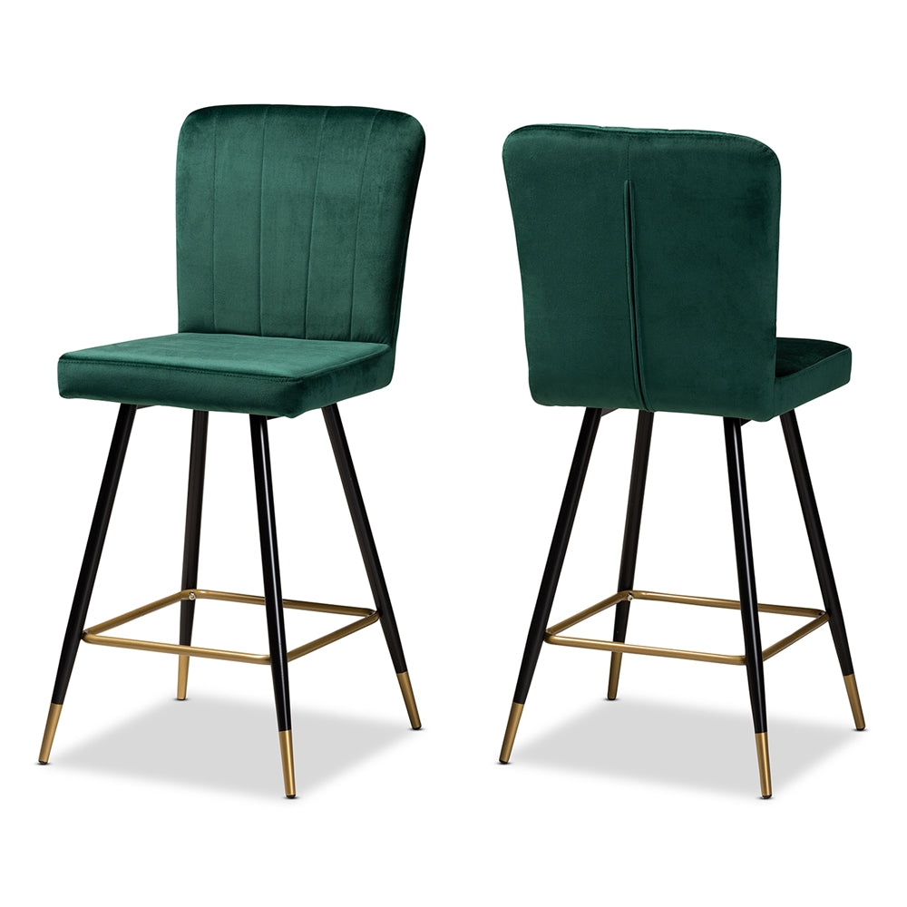 Baxton Studio Preston Modern Luxe And Glam Green Velvet Fabric Upholstered And Two-Tone Black And Gold Finished Metal 2-Piece Bar Stool Set