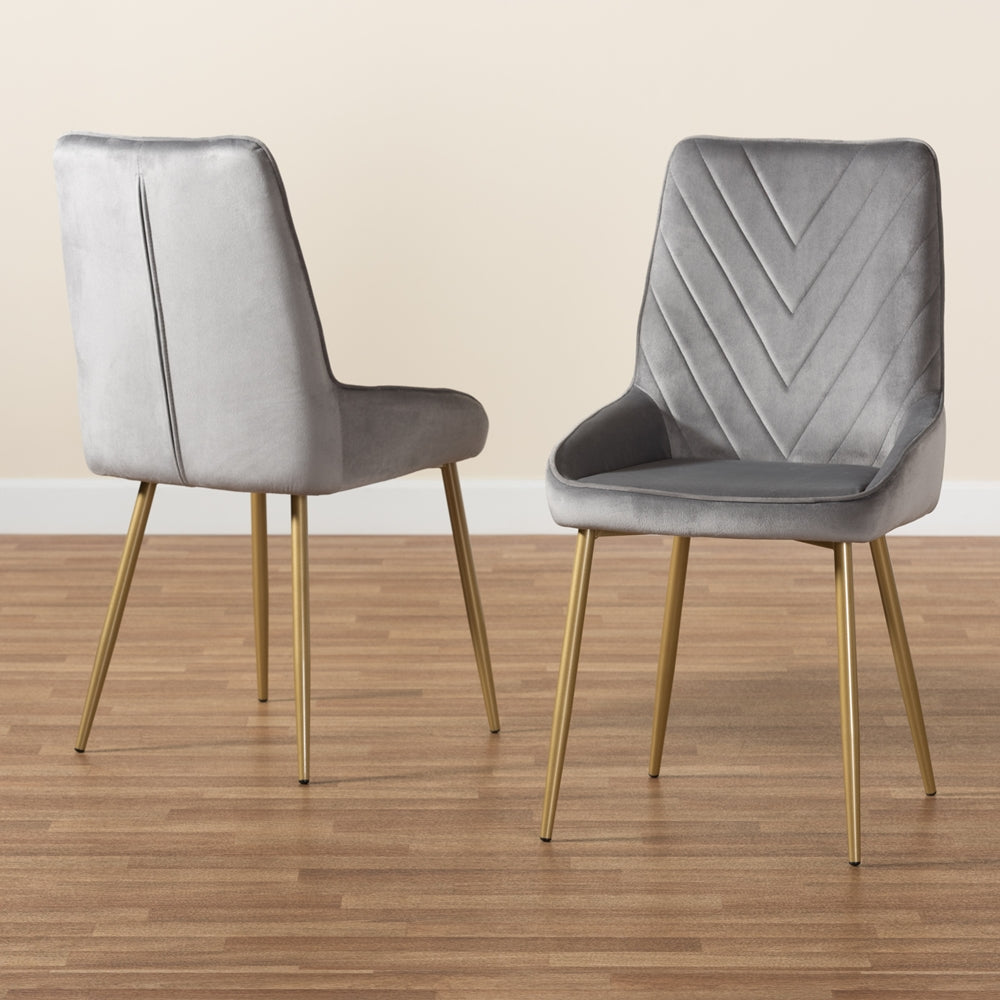 Baxton Studio Priscilla Contemporary Glam And Luxe Grey Velvet Fabric Upholstered And Gold Finished Metal 2-Piece Dining Chair Set