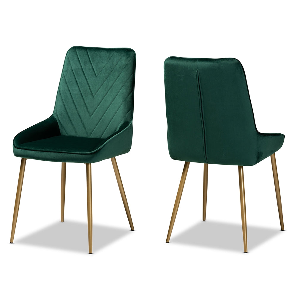 Baxton Studio Priscilla Contemporary Glam And Luxe Green Velvet Fabric Upholstered And Gold Finished Metal 2-Piece Dining Chair Set