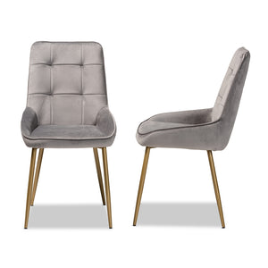 Baxton Studio Gavino Modern Luxe And Glam Grey Velvet Fabric Upholstered And Gold Finished Metal 2-Piece Dining Chair Set