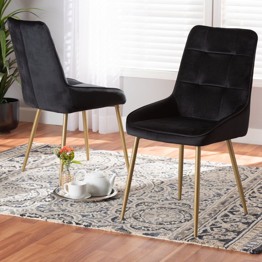 Baxton Studio Gavino Modern Luxe And Glam Black Velvet Fabric Upholstered And Gold Finished Metal 2-Piece Dining Chair Set