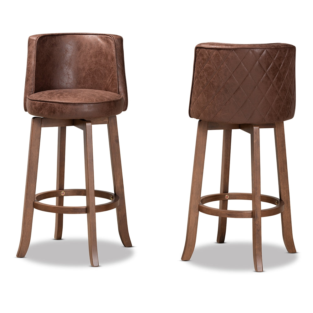 Baxton Studio Adams Modern Transitional Distressed Brown Fabric Upholstered And Walnut Brown Finished Wood 2-Piece Bar Stool Set