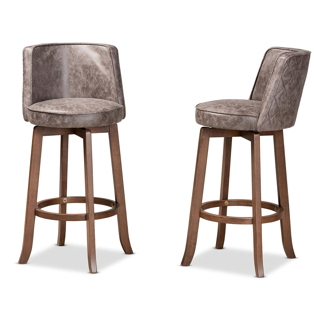 Baxton Studio Adams Modern Transitional Distressed Grey Fabric Upholstered And Walnut Brown Finished Wood 2-Piece Bar Stool Set