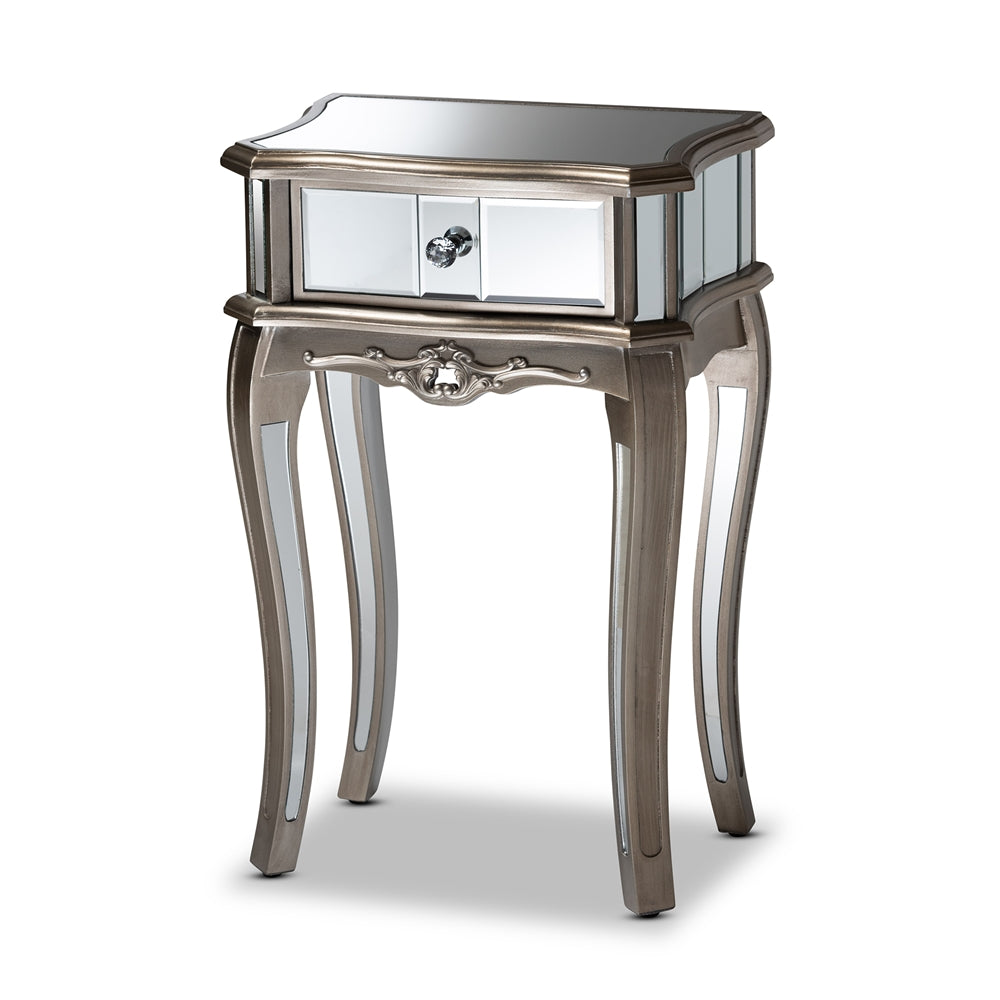 Baxton Studio Elgin Contemporary Glam and Luxe Brushed Finished Wood and Glass 1-Drawer Nightstand