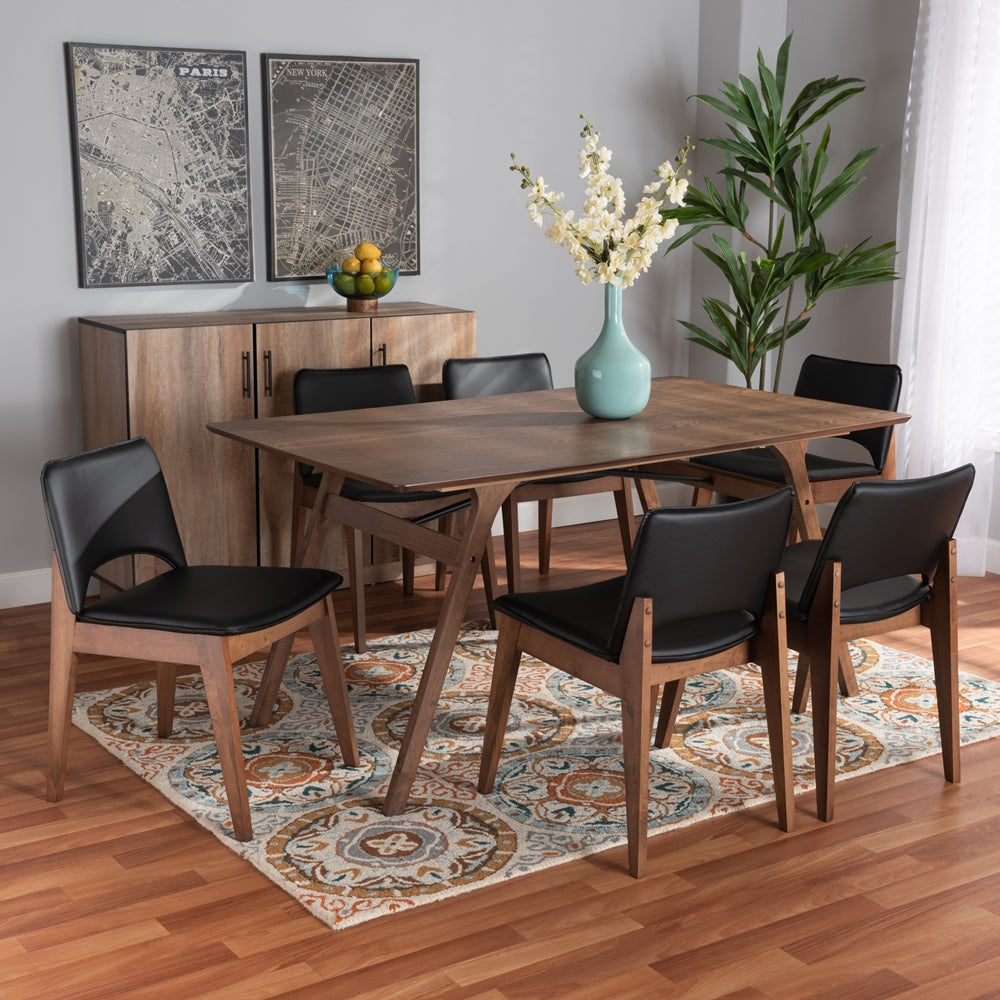 Baxton Studio Afton Mid-Century Modern Black Faux Leather Upholstered And Walnut Brown Finished Wood 7-Piece Dining Set