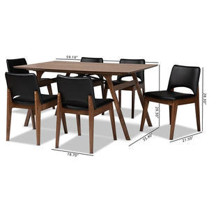 Baxton Studio Afton Mid-Century Modern Black Faux Leather Upholstered And Walnut Brown Finished Wood 7-Piece Dining Set