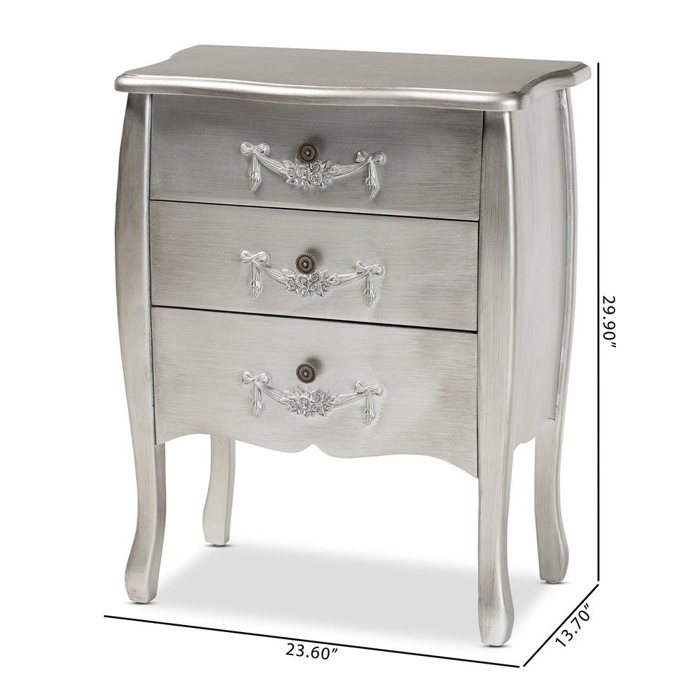 Baxton Studio Eliya Classic And Traditional Brushed Silver Finished Wood 3-Drawer Storage Cabinet