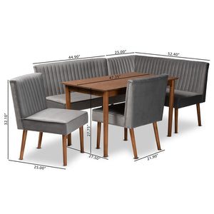 Baxton Studio Alvis Mid-Century Modern Grey Velvet Upholstered And Walnut Brown Finished Wood 5-Piece Dining Nook Set