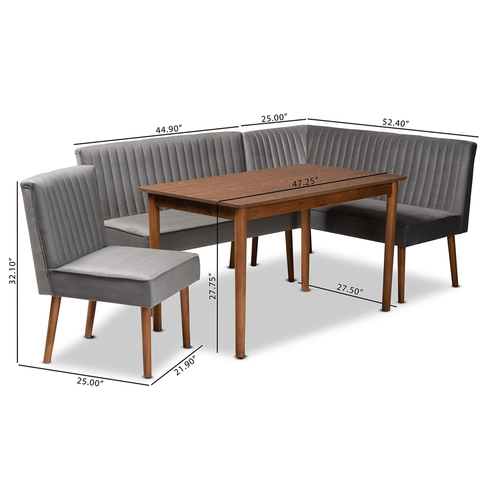 Baxton Studio Alvis Mid-Century Modern Grey Velvet Upholstered And Walnut Brown Finished Wood 4-Piece Dining Nook Set