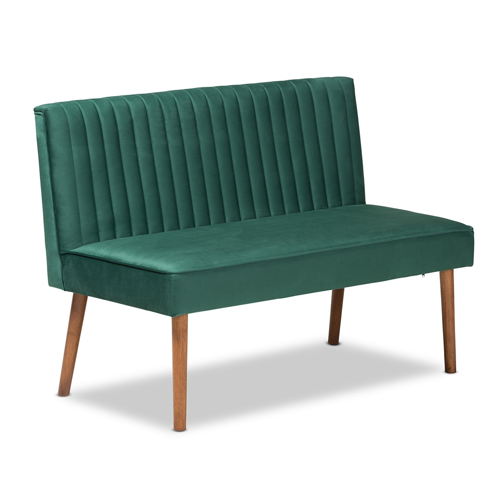 Baxton Studio Alvis Mid-Century Modern Emerald Green Velvet Upholstered And Walnut Brown Finished Wood 2-Piece Dining Nook Banquette Set