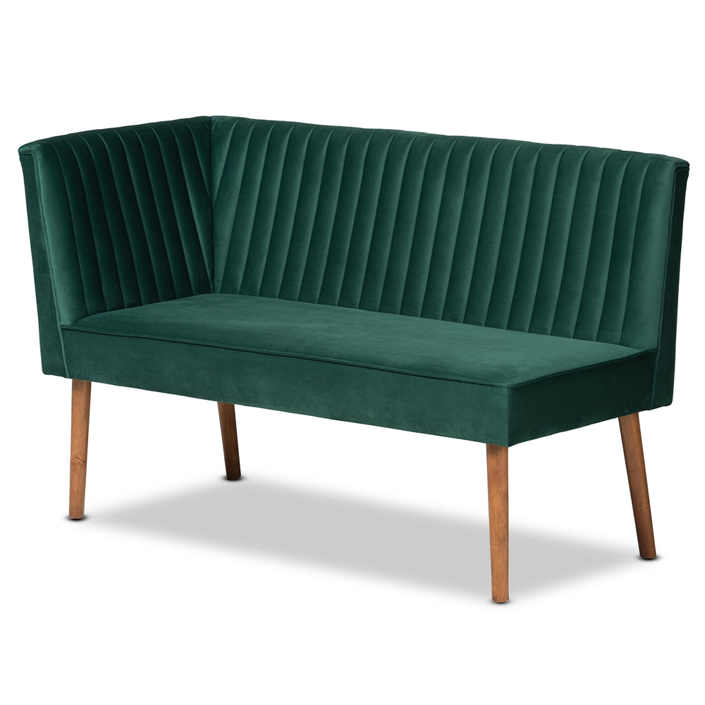 Baxton Studio Alvis Mid-Century Modern Emerald Green Velvet Upholstered And Walnut Brown Finished Wood 2-Piece Dining Nook Banquette Set