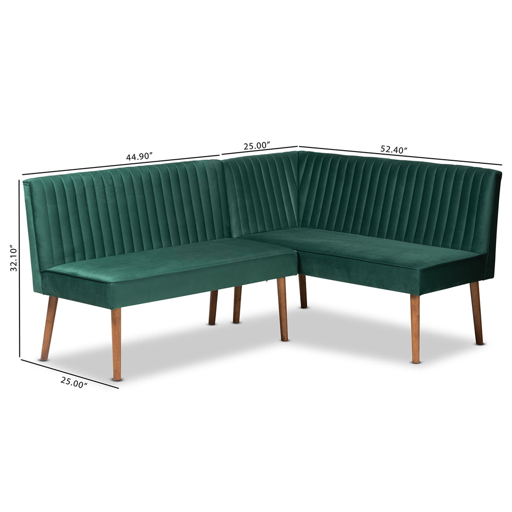 Baxton Studio Alvis Mid-Century Modern Emerald Green Velvet Upholstered And Walnut Brown Finished Wood 2-Piece Dining Nook Banquette Set