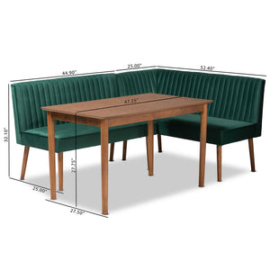 Baxton Studio Alvis Mid-Century Modern Emerald Green Velvet Upholstered And Walnut Brown Finished Wood 3-Piece Dining Nook Set