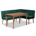 Load image into Gallery viewer, Baxton Studio Alvis Mid-Century Modern Emerald Green Velvet Upholstered And Walnut Brown Finished Wood 3-Piece Dining Nook Set
