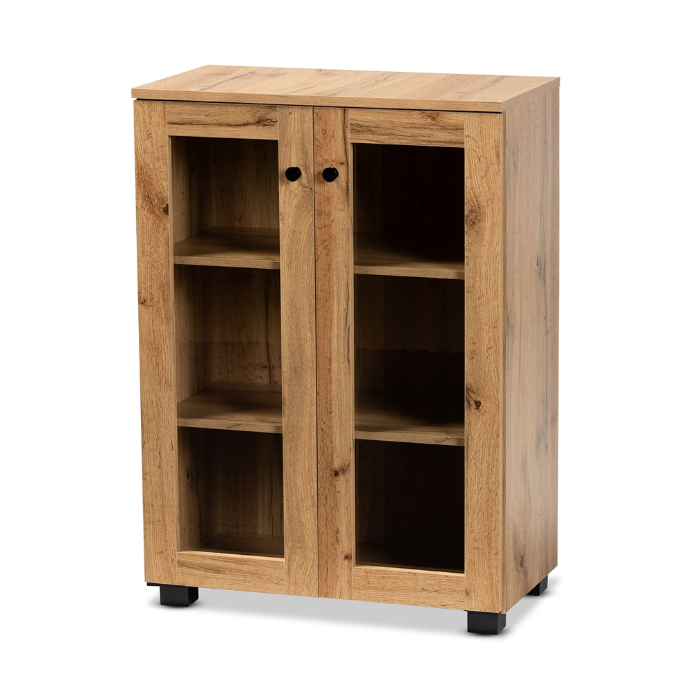 Baxton Studio Mason Modern And Contemporary Oak Brown Finished Wood 2-Door Storage Cabinet With Glass Doors