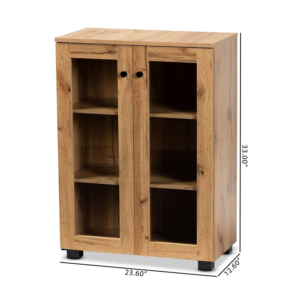 Baxton Studio Mason Modern And Contemporary Oak Brown Finished Wood 2-Door Storage Cabinet With Glass Doors