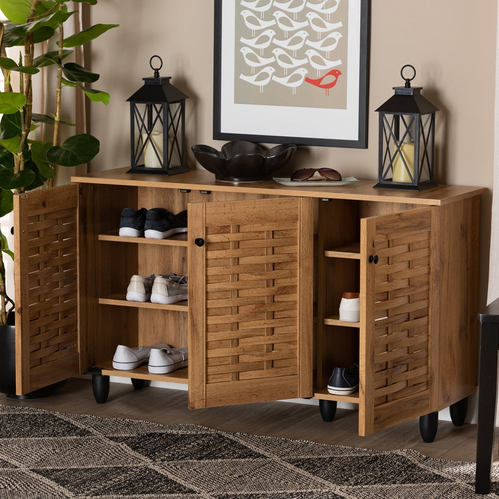 BAXTON STUDIO WINDA MODERN AND CONTEMPORARY OAK BROWN FINISHED WOOD 3-DOOR SHOE CABINET