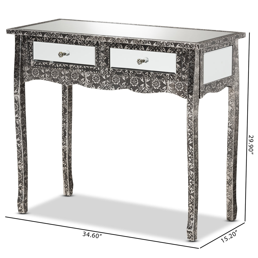 Baxton Studio Wycliff Industrial Glam And Luxe Silver Finished Metal And Mirrored Glass 2-Drawer Console Table