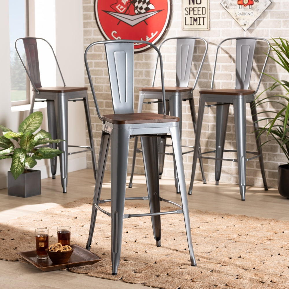 Baxton Studio Rosetta Modern Industrial Grey Metal And Walnut Brown Finished Wood 4-Piece Bar Stool Set