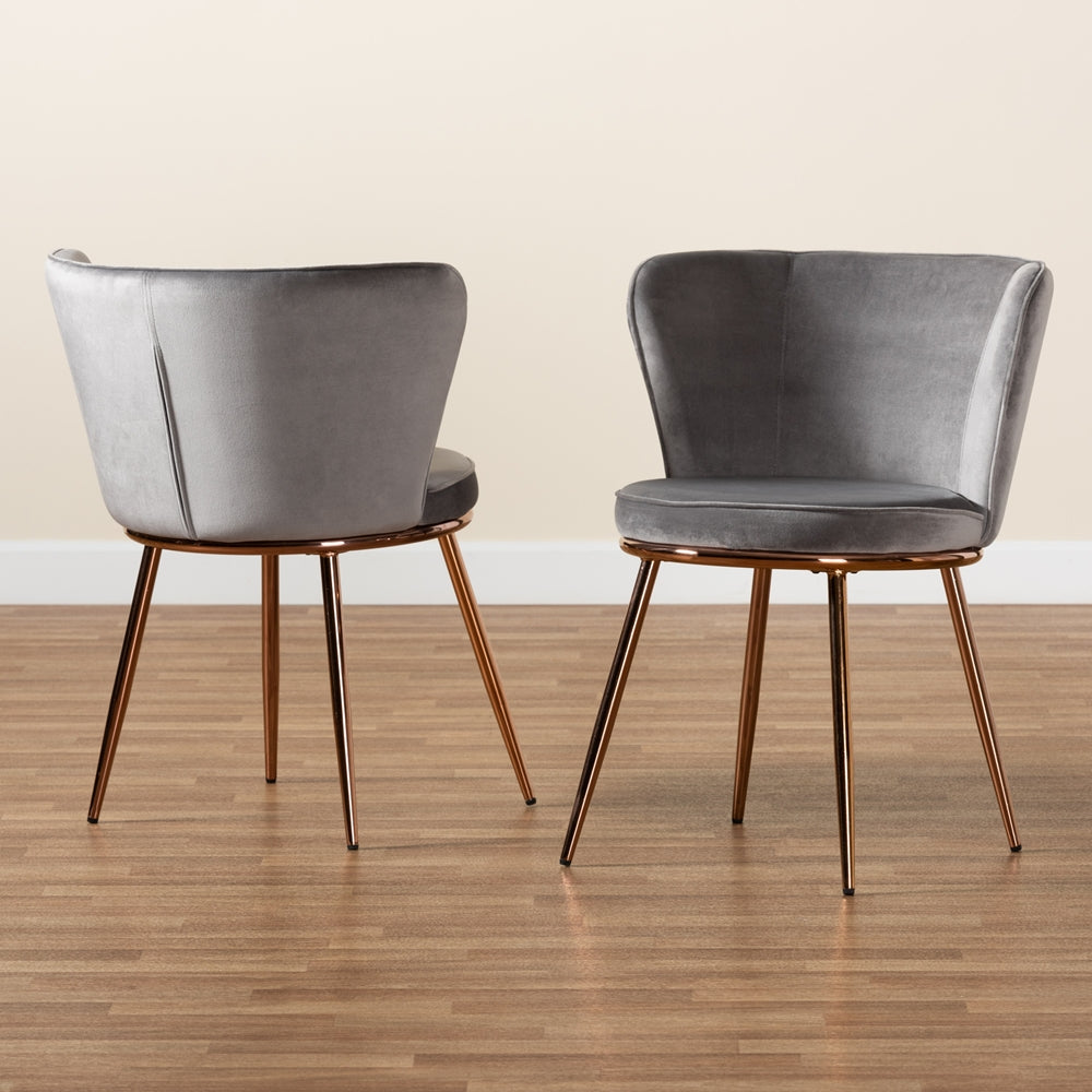 Baxton Studio Farah Modern Luxe And Glam Grey Velvet Fabric Upholstered And Rose Gold Finished Metal 2-Piece Dining Chair Set