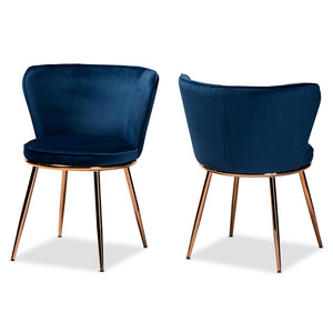 Baxton Studio Farah Modern Luxe And Glam Navy Blue Velvet Fabric Upholstered And Rose Gold Finished Metal 2-Piece Dining Chair Set