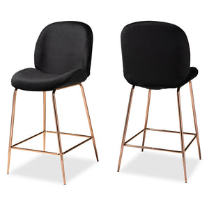 Baxton Studio Lander Modern Luxe And Glam Black Velvet Fabric Upholstered And Rose Gold Finished Metal 2-Piece Counter Stool Set