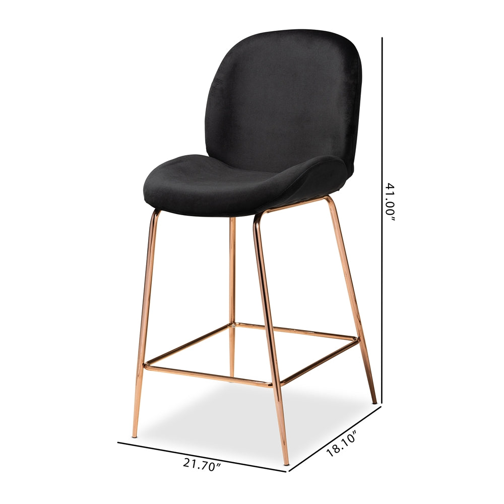 Baxton Studio Lander Modern Luxe And Glam Black Velvet Fabric Upholstered And Rose Gold Finished Metal 2-Piece Counter Stool Set