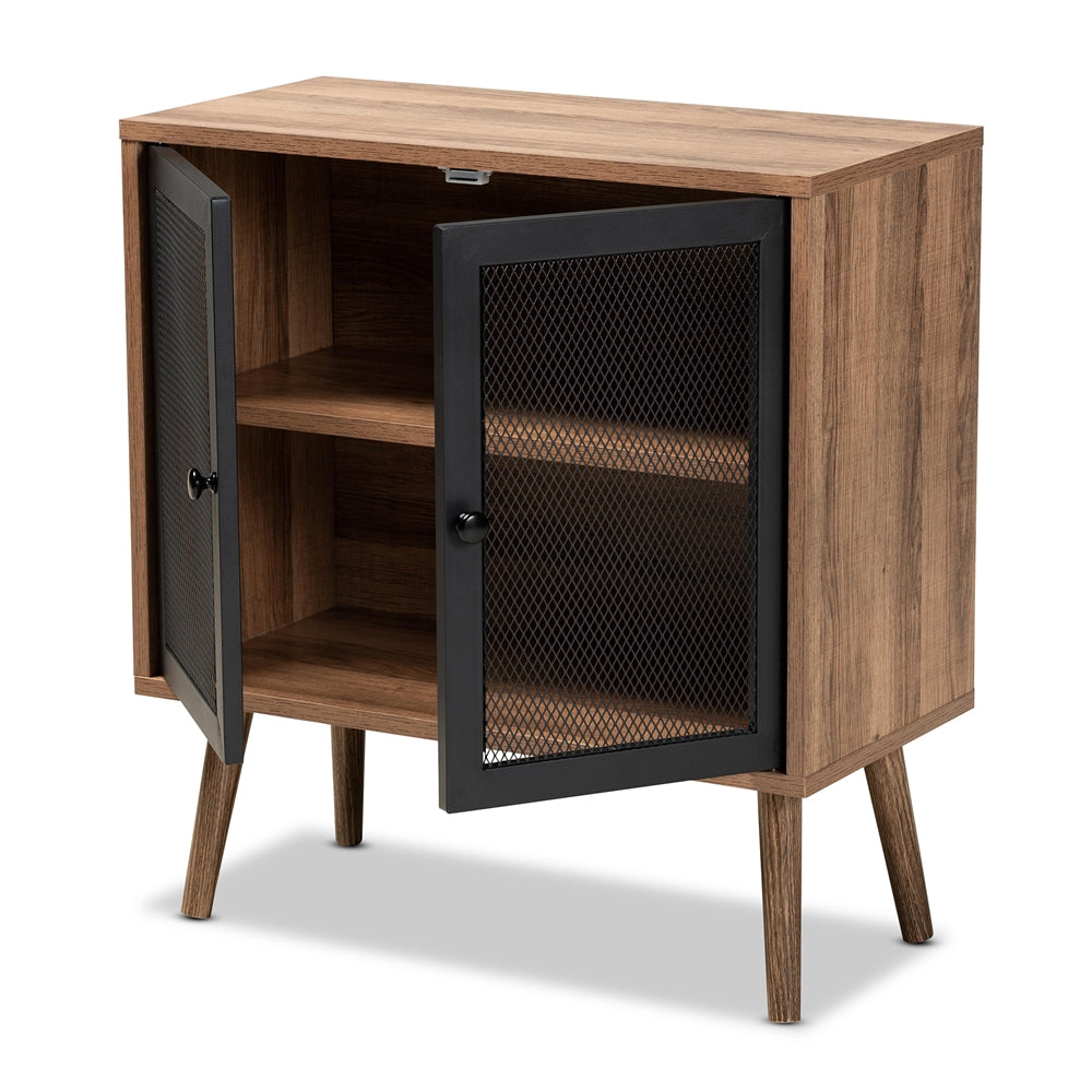 Baxton Studio Yuna Mid-Century Modern Transitional Natural Brown Finished Wood And Black Metal 2-Door Storage Cabinet